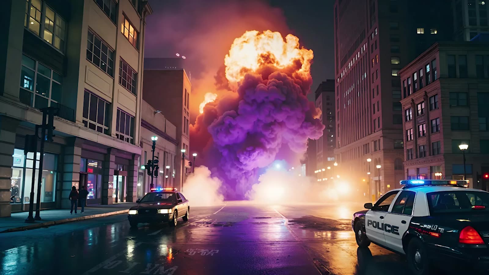 Finished campaign composite: colour-graded street explosion.